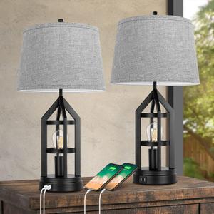 BesLowe 2-Light Farmhouse Rustic Touch Table Lamps Grey, 3-Way Dimmable Bedside Lamps with 2 USB Ports for Bedroom, End Table Lamps for Living Room with Gray Shades, 4 LED Bulbs Included, Set of 2