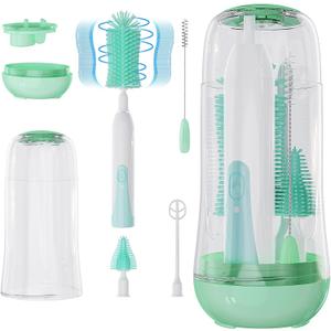 VSTM Electric Travel Baby Bottle Brush Set, Electric Bottle Cleaner, Silicone Water Bottle Brush, Nipple & Straw Brush, Milk Frother and Drying Drainage Rack (Green)