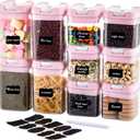 U-QE Airtight Food Storage Container Set-10 Piece BPA Free Clear Plastic Cereal Canisters with Easy Lock Lids-Kitchen & Pantry Organization Containers for Sugar, Flour, Cereal, Labels & Marker(Pink)