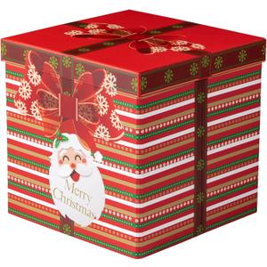 RUSPEPA Christmas Gift Box with Lid, Santa Claus and Red Bow Design, Medium Collapsible Gift Box with Ribbon and Tissue Paper for Holiday Party, Gift Wrapping, Candy Storage, 9x9x9 Inches, 1 Pcs