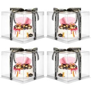 Jetec 4 Pcs Clear Cake Box with Ribbon 10 x 10 x 9 Inch Transparent Tall Cake Carrier Box with Lids Pet Clear Gift Pack for 8 Inch Carry Wedding Birthday Anniversary Baking Dessert Display