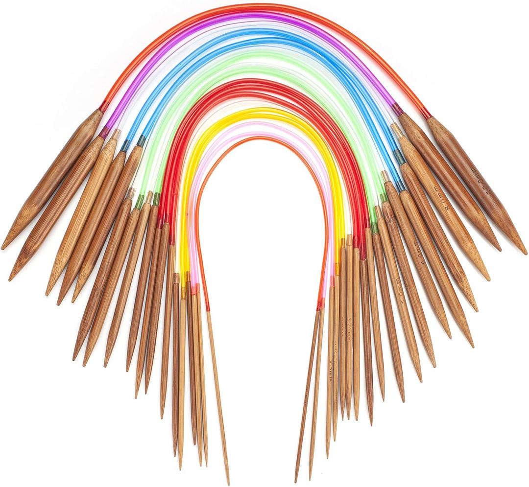 Bamboo Circular Knitting Needles Set 16 Inch, 18 Round Wooden Knitting Needles, 18 Sizes US 0-15 (2-10mm) Double Pointed Short Circle Knit Needle for Beginners Knit Socks, Sweaters