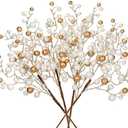 Hollyone 4 Pack Artificial Christmas Glitter Berries Stems, 19 Inch Fake White and Gold Holly Berry Picks with Ice Snow for Christmas Tree Wreath Floral Arrangements Holiday Home Vase DIY Crafts Decor
