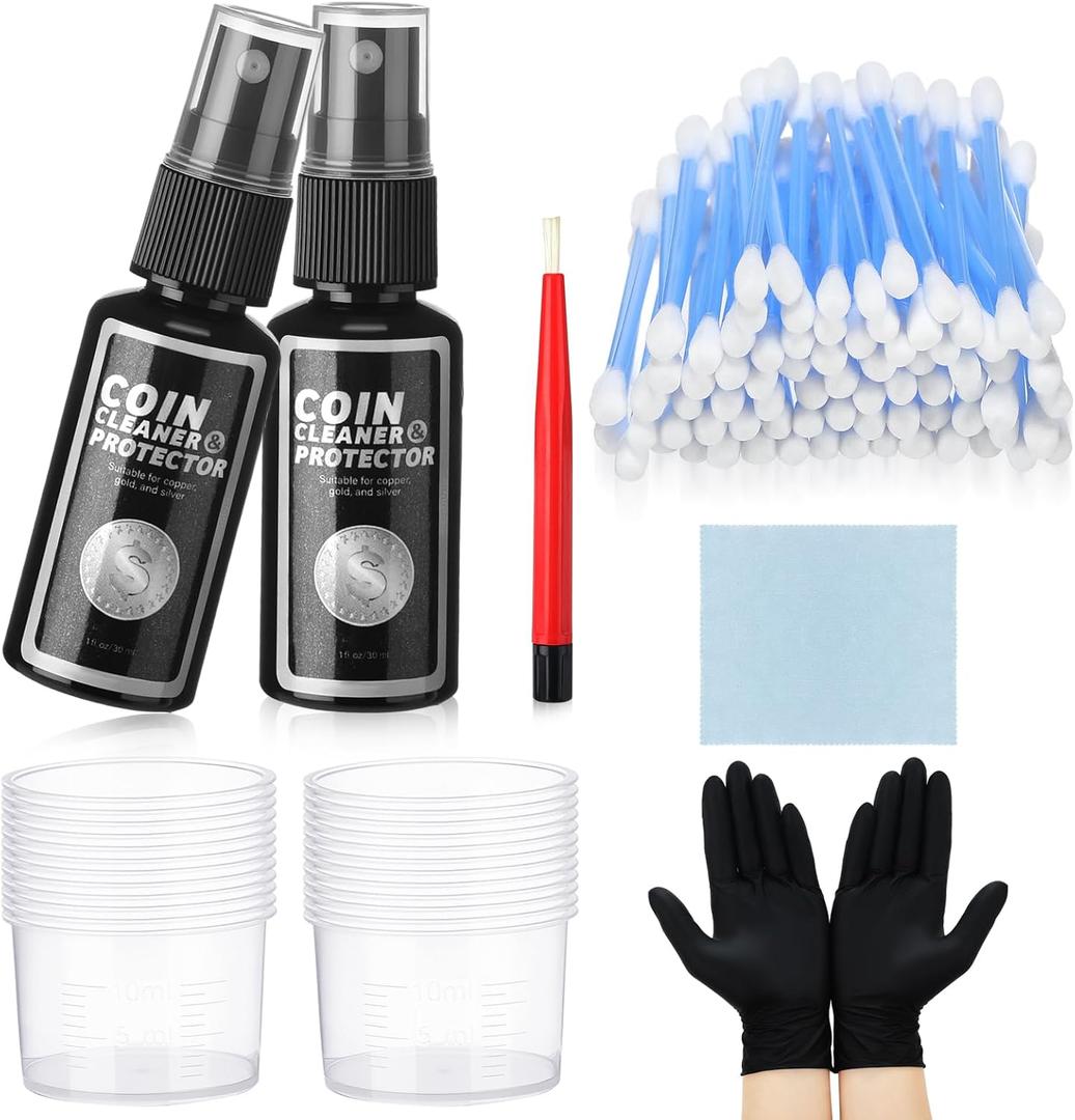 2 Pcs 1 oz Coin Cleaner and Protector Kit Include Solution Fiberglass Pencil Cleaning Cloth Gloves Cotton Swab Measuring Cup for Collectors Cleaning Gold Silver Vintage Coins Supplies