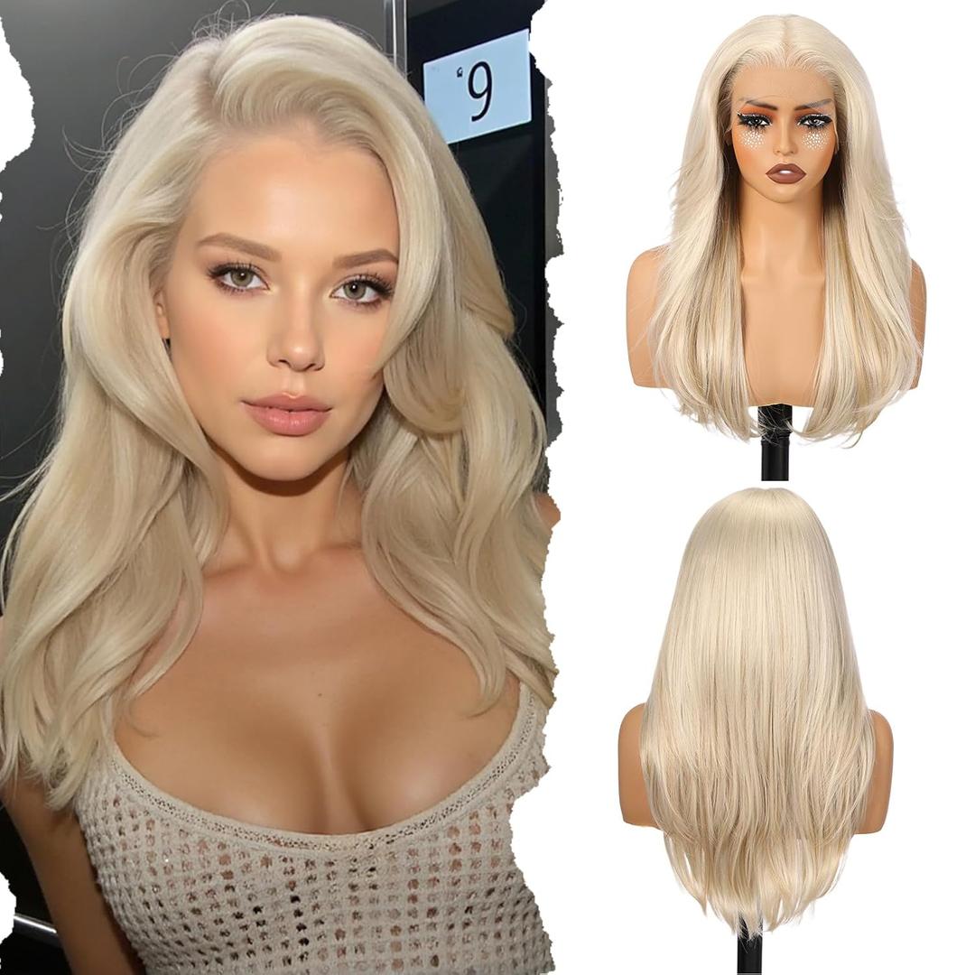 BLONDE UNICORN Platinum Blonde Wig 13x6 HD Lace Front Wig Long Straight Layered Synthetic Lace Front Wig Pre Plucked Glueless Wig for Women Daily Party Use 22IN (1036#)