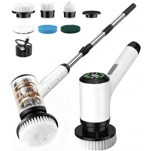 Electric Spin Scrubber, Cordless Cleaning Brush with 6 Replaceable Heads, Adjustable Long Handle, IPX7 Waterproof Lightweight Power Scrubber for Bathroom Tile Grout Tub Shower, White-le1