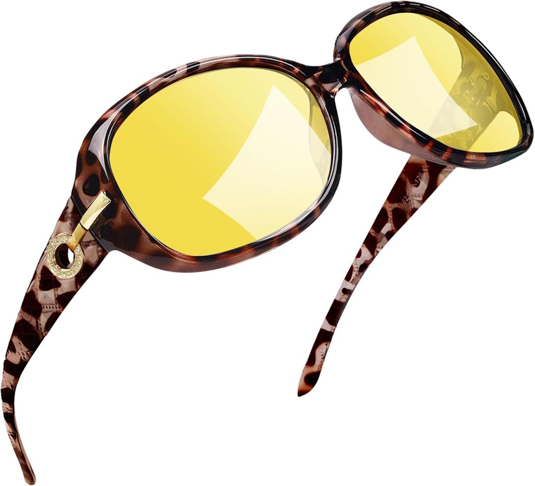 Joopin Big Women's Sunglasses Polarized Trendy Sun Glasses Large Rectangle UV Protection Rhinestone Sunnies (A31-leopard/Night Yellow Lens)