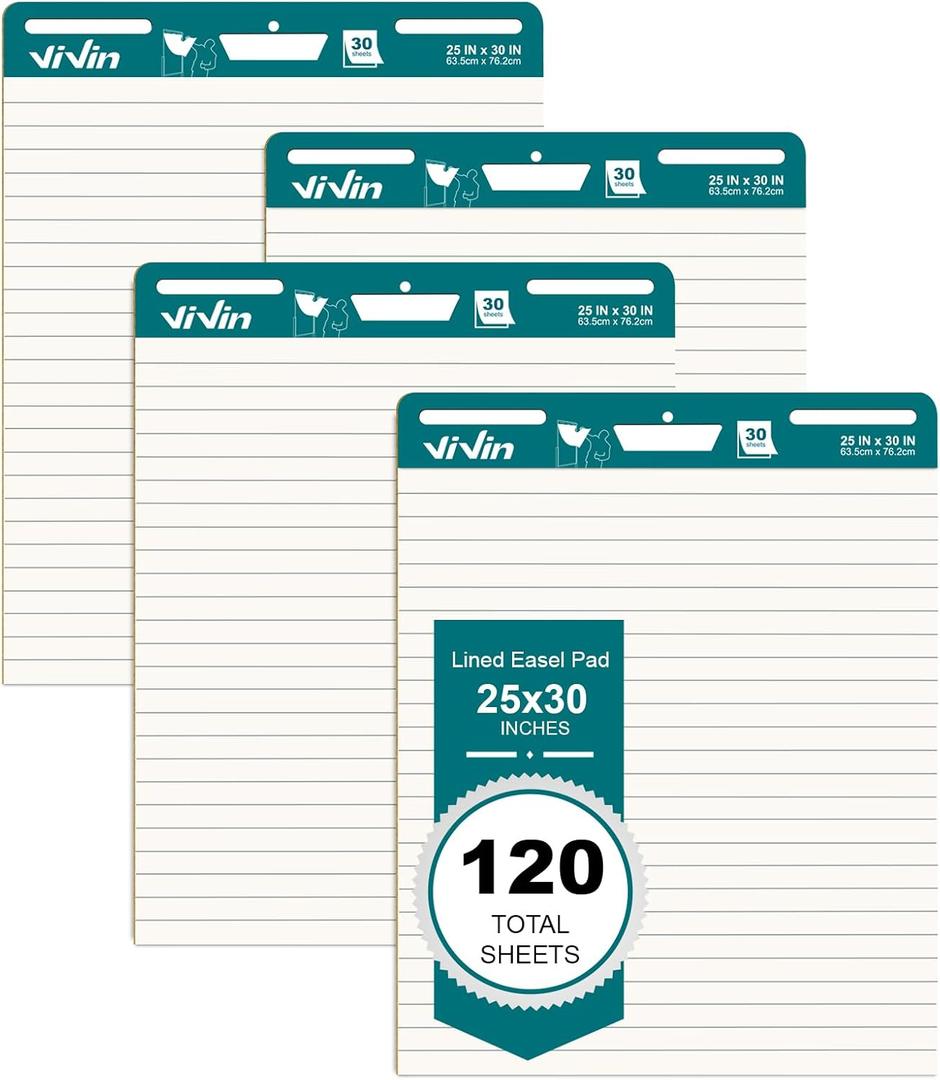 ViVin Lined Sticky Easel Pad, 25 x 30 Inches Flip Chart Paper for Teachers and Students, Large Self Stick Easel Paper, Teacher Anchor Chart, 30 Sheets/Pad, 4 Pads/Pack