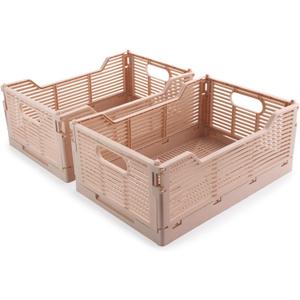 2-Pack Foldable Crates, Plastic Storage Baskets Crate for Organizing, Collapsible Storage Crates for Home Kitchen Classroom Office Bedroom Bathroom (15.75"x11.81"x6.1", Pink)