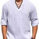 EDITCOZY Men's Pirate Shirt Costume Drawstring Tops Renaissance Viking Medieval Halloween Cotton Linen Shirts White XL (L)