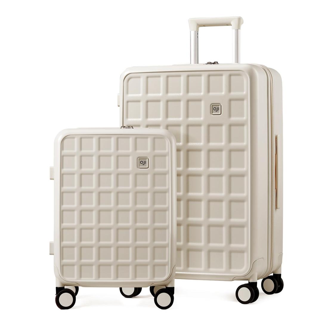 aji Luggage Sets 2 Piece with Spinner Wheel, 20/26 Inch Luggage with TSA Lock, 100% Lightweight PC Hard Shell travel luggage Suitcases for Men Women, 2-Piece Set, Coconut White