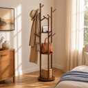 Solid Wood Rotating Coat Rack Freestanding, 360 Coat Tree with 3 Shelves & 9 Hooks, Heavy Duty Rubberwood Coat Hanger Stand, Hat Rack Hall Tree for Entryway Bedroom Office Hallway, Walnut
