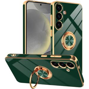 Tnarru Designed for Samsung Galaxy S25 Case with Ring Stand, Support Magnetic Car Mount Rotatable Finger Holder Soft TPU Cover Plating Edge Protective Slim Phone Case for Galaxy S25 Green