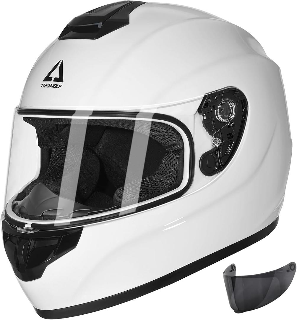 TRIANGLE Motorcycle Helmets Full Face Motorcycle Helmet for Men & Women with Tinted and Clear Visor Meet Dot Approved (X-Large, Glossy White)