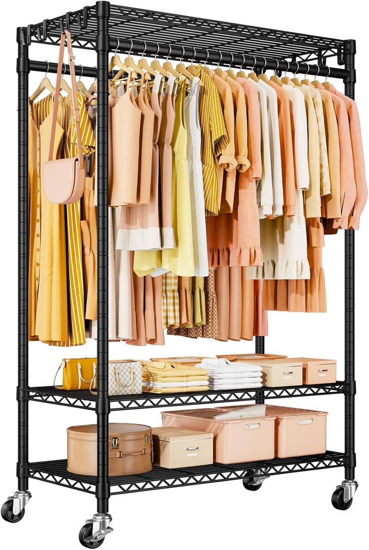 ULIFHOME P7 Rolling Clothes Rack, Clothing Racks for Hanging Clothes, Heavy Duty Garment Rack with Wheels, 3 Tiers Freestanding Portable Closet Rack 45''W 20.5''D 80.5''H, Max Load 480 lbs, Black