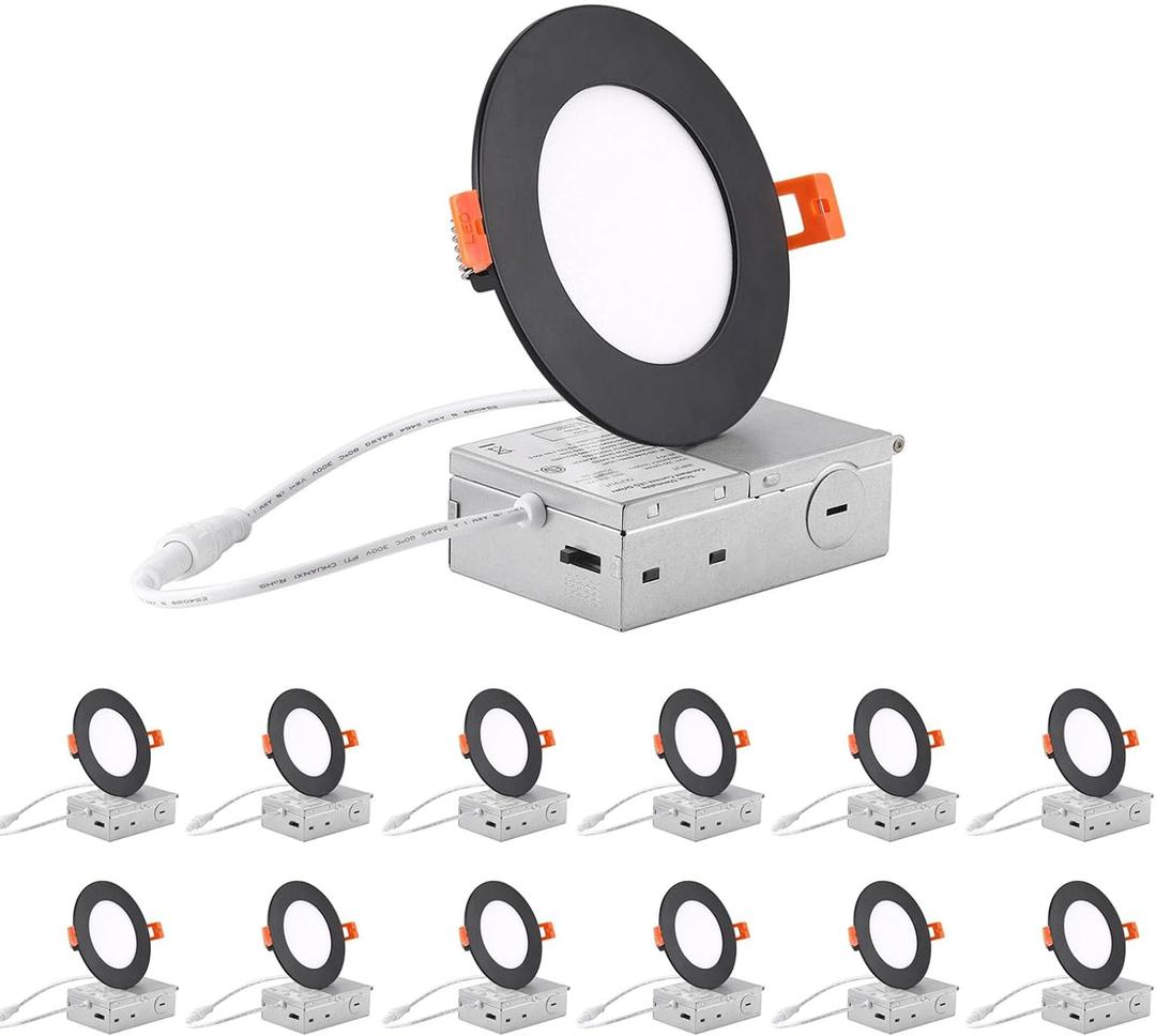 ZYC 4-Inch LED Recessed Lighting - 9W Ultra-Thin LED Ceiling Lights,2700-5000K Selectable,5CCT Dimmable Canless Wafer Downlight,800LM High Brightness,Dimmable Can Lights,Pack of 12 Black.