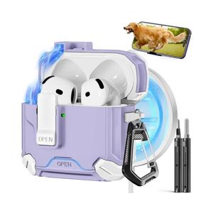 Pohgelan Compatible with AirPods 4th Case,Magnetic Automatic Lock with Phone Stand & Cleaning Kit,Compatible with Magsafe Cover Purple