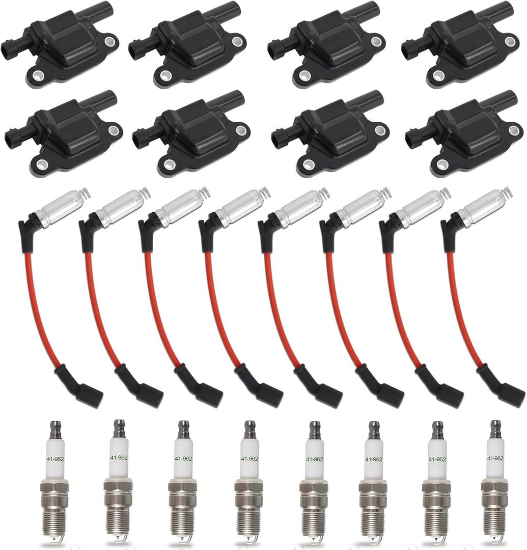 UF413 Ignition Coil Packs 41962 Spark Plugs and 48322R Wires Set Compatible with Chevy Silverado Tahoe Suburban GMC Sierra Yukon Cadillac Escalade Buick 4.8L 5.3L 6.0L for 12570616 by MCCKLE (8 Pack)