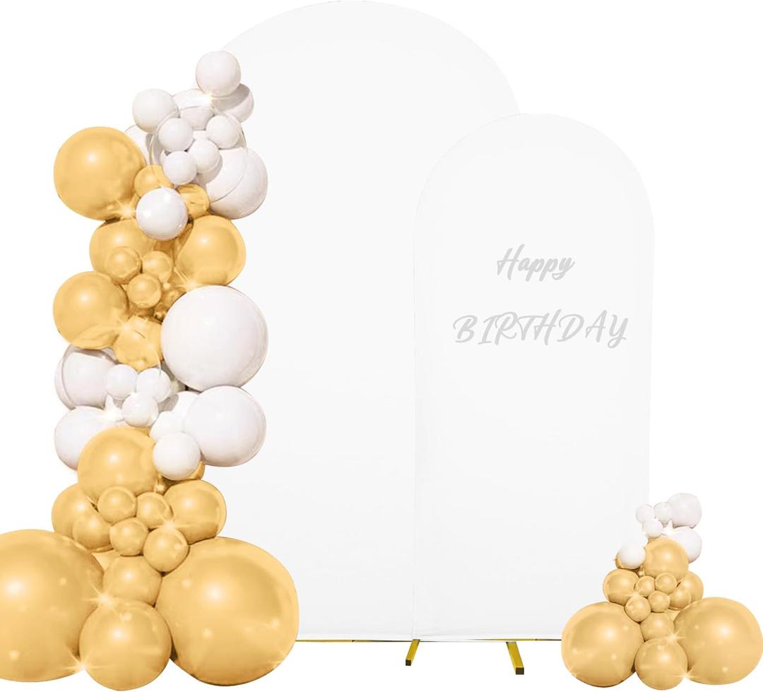 Set of 2 Wedding Arch Cover 2-Sided Round Top Spandex Fitted Arch Backdrop Cover for Birthday Party Baby Shower Wedding Arch Stand Decor（7.2FT, 6FT, White）