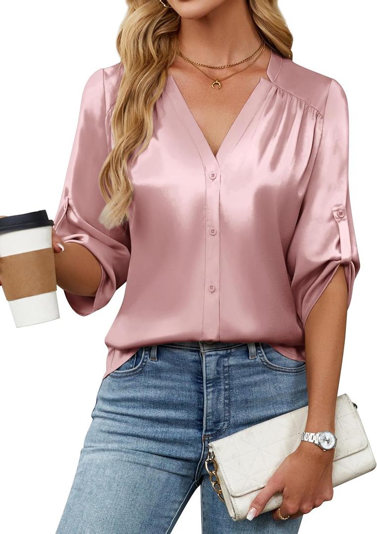 Blooming Jelly Womens Button Down Shirts 3/4 Sleeve Dressy Casual Tops Pleated Satin Silk Business Blouses 2025 (Large, Light Pink)