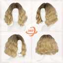 Haloo Blonde Bob Wig for Women Lace Front Hairline Short Soft Wavy Curly Natural Looking Middle Part Synthetic Hair Wigs for Daily Party, 11 Inch Ombre Blonde