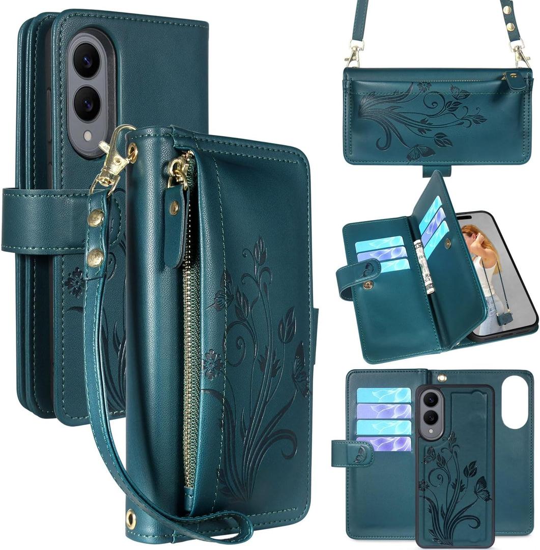 for Samsung Galaxy S25 Edge Detachable Crossbody Wallet Case, Compatible with Wireless Charging, [Cards Theft Scan Protection], Magnetic Case Stand PU Leather Zipper(Floral Cyan Green)