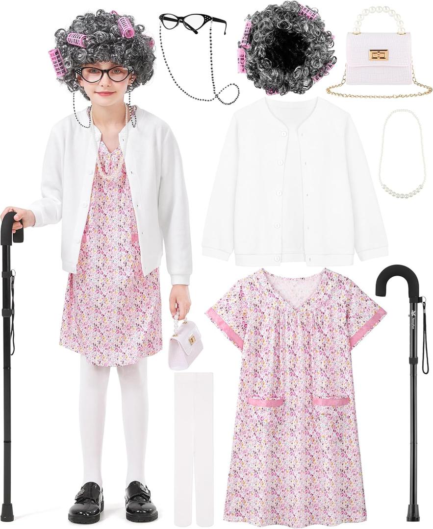8 Pieces Old Lady Costume for Girls, 100 Days of School Costume for Kids Grandma Wig Granny Dress Cosplay Outifits (5-7 Years, White Cardigan and Pink-white Nightgown)