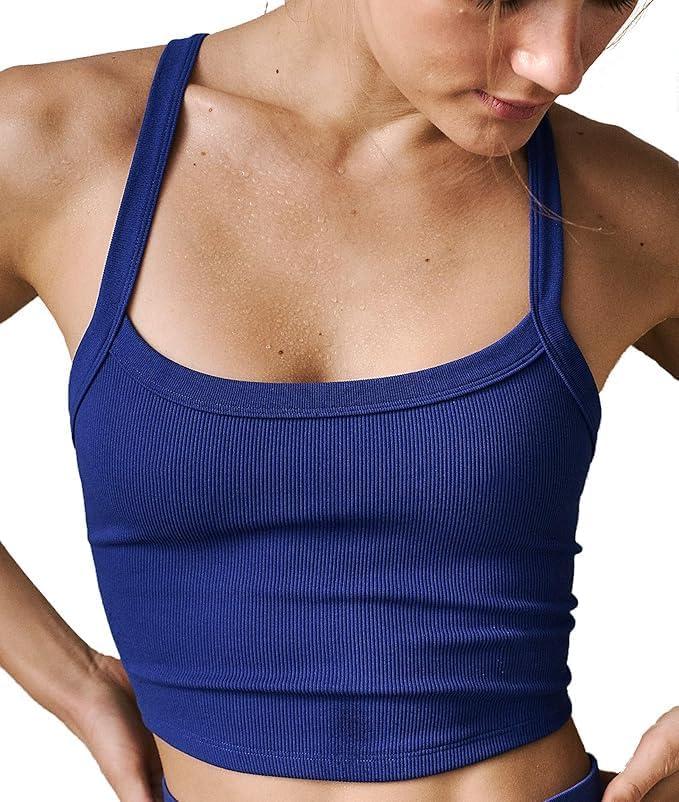 Workout Tank Tops Scoop Neck Crop Tops Athletic Tank Tops Cute Seamless Cami Ribbed Racerback Tank Tops Gym Shirts(Royal Blue-L)