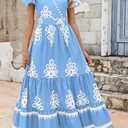 PRETTYGARDEN Womens 2026 Summer Casual V Neck Boho Maxi Dress Flowy Aline Bell Sleeve Tiered Floral Dresses with Pocket (Blue, L)