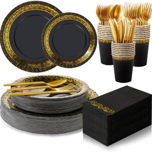 meekoo 350 Pcs Black Plastic Dinnerware Set Disposable Paper Plates for 50 Guests 9in and 7in Dinner Dessert Plates Napkins Gold Rimmed Cups Knives Forks Spoons for Party Wedding(Round Floral)