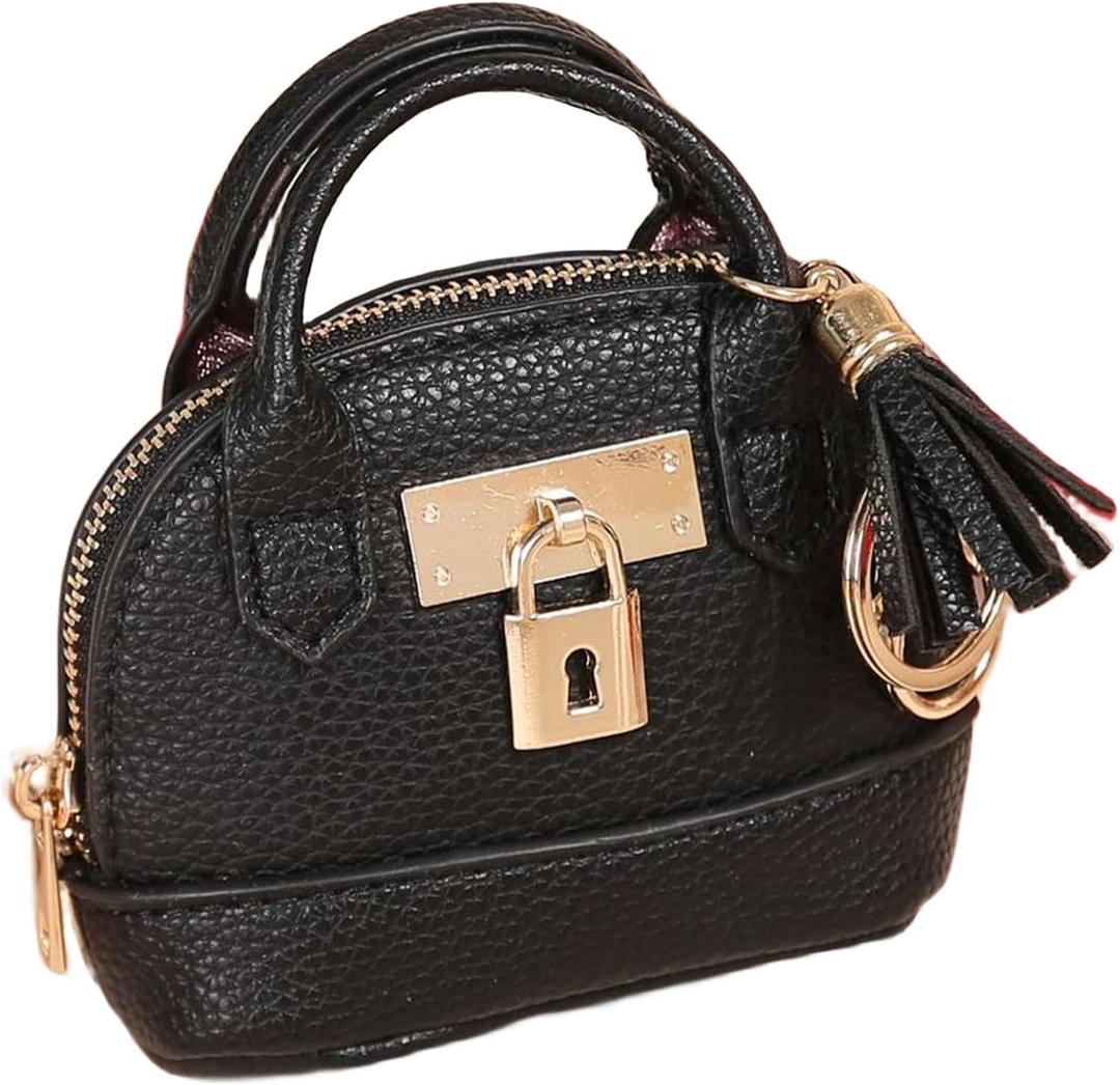 Womens Unique Change Purse Creative Mini Tote Bag Charms Leather Coin Keychain Wallet (Black)
