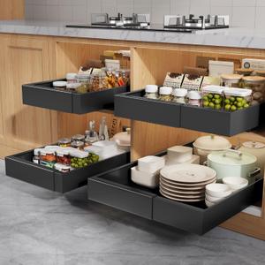 Seinloes 4 Pack Pull Out Cabinet Organizers 21" Deep With Raising Pad for Framed Cabinets, Expandable Width (9"-14") Slide Out Drawers Upgrade 3 Slide Rails, Roll Out Shelves Adhesive, Black