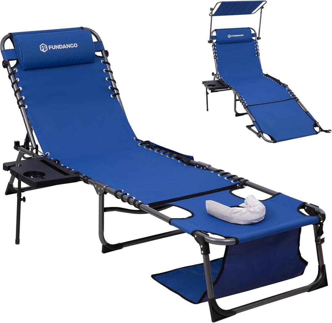 FUNDANGO Heavy Duty Tanning Chair with Face Hole & Canopy, 400lbs Beach Lounge Chair with Side Table, 5-Position Sun Lounger for Outdoor Patio Pool-Face Down Chaise with Anti-Pinch Safety Lock,Blue