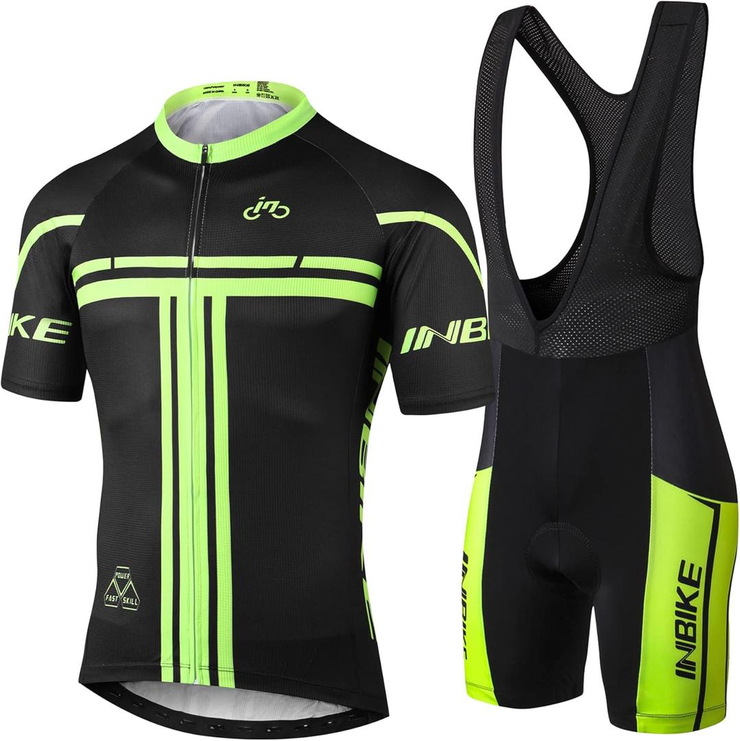 INBIKE Cycling Jersey Mens Set Reflective Breathable Biking Outfit Quick-Dry Bib Bicycle Jersey with 3D Padded Shorts (Small)
