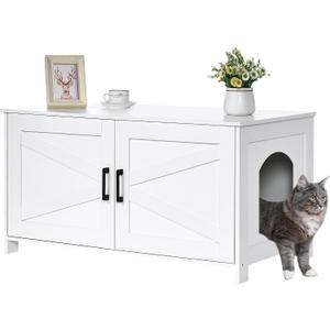 Homhedy 39.4" L Cat Litter Box Enclosure, Pet House with Barn Door, Wooden Cat Washroom Furniture, Fit Most of Litter Box, White
