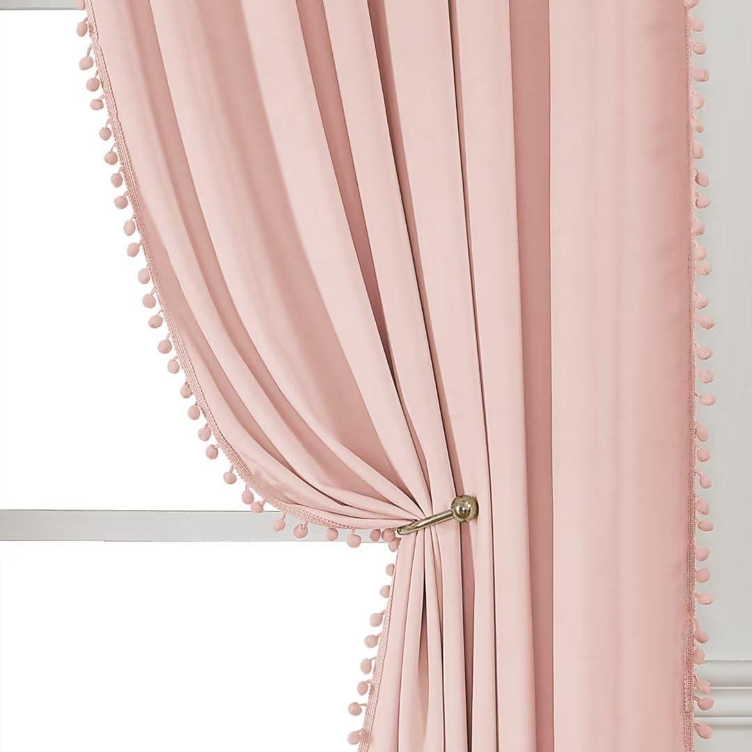 Pom Pom Velvet Curtains 84 Inches for Bedroom, Pink Velvet Curtains- Thermal Insulated Room Darkening Sun Blocking Rod Pocket Window Drapes for Living Room, 2 Panels, 42 x 84 Inches