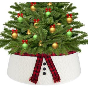 Knitted Christmas Tree Collar Red and Black Plaid Scarf Knit Christmas Tree Collars Stand Base Cover for Artificial Trees Farmhouse Rustic Ring for Xmas Tree Holiday Home Decoration