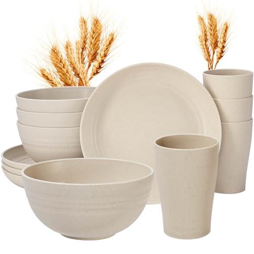 11 pcs Kids Wheat Straw Dinnerware Sets, Wheat Straw Plates and Bowls Set for 4 Microwave Safe (Beige)