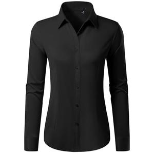 Gleeivy Button Down Shirts for Women Stain Shield No Iron Solid Button Blouse Slim Fit Silk Cotton Black Collared Long Sleeve Stretch Casual Business Dress Button Up Shirt Office Uniform, Size M
