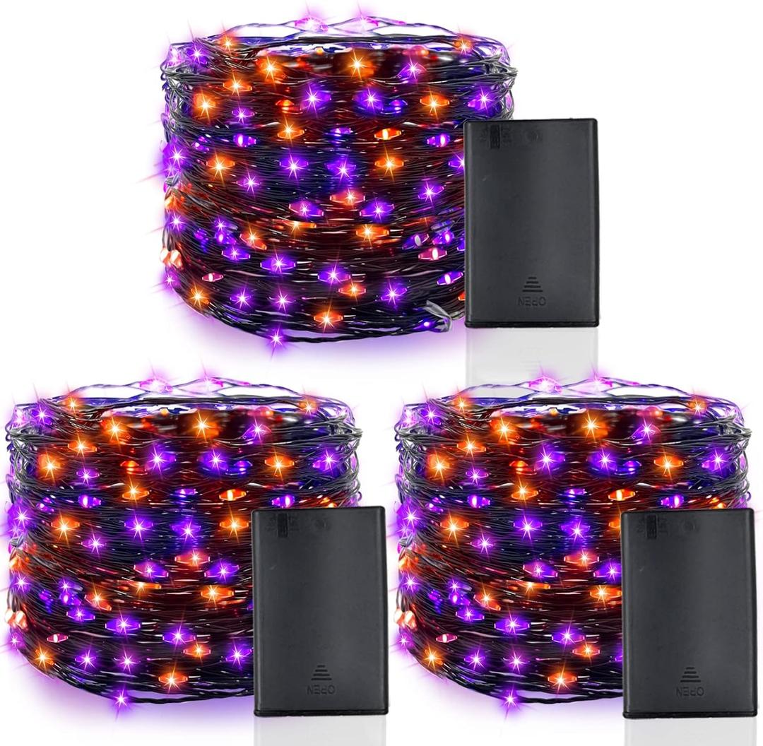3 Pack Halloween Lights with Timer, Total 50Ft 150LED Black Wired String Fairy Orange Purple Lights Battery Operated Halloween Decorations for Home Garden Yard Party Indoor Outdoor, 16.4Ft 50LED Each