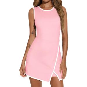 Fisoew Women's Workout Tennis Dress with Built-in Bra & Shorts Pockets Sleeveless Crewneck Golf Athletic Mini Dresses (Large, Pink)