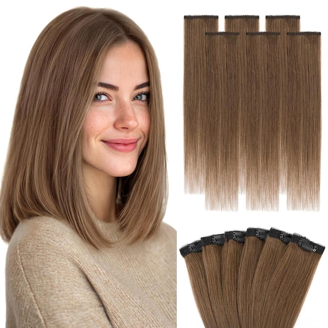 Hairro 6PCS 6 Clips In Short Hair Extensions Remy Real Human Hair Clip Ins Mini Clip On Hairpin Hairpieces For Women 31g 10 Inch #04 Medium Brown