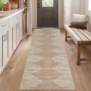 HelloTree Hallway Runner Rug,2.6x8 Moroccan Modern Stripe Carpet Washable Machine Bathroom Runner Bohemian Modern Soft Non Slip Indoor Rug for Entryway Hallway Laundry Room Bedroom-Pink&Khaki