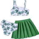 RAISEVERN Girls Swimsuit 3 Piece Bathing Suits Cute Quick Dry Bikini Tankini Sets with Cover Ups Beach Skirt for 5-12 Years (7-8 Years, 007-palm Tree 02)