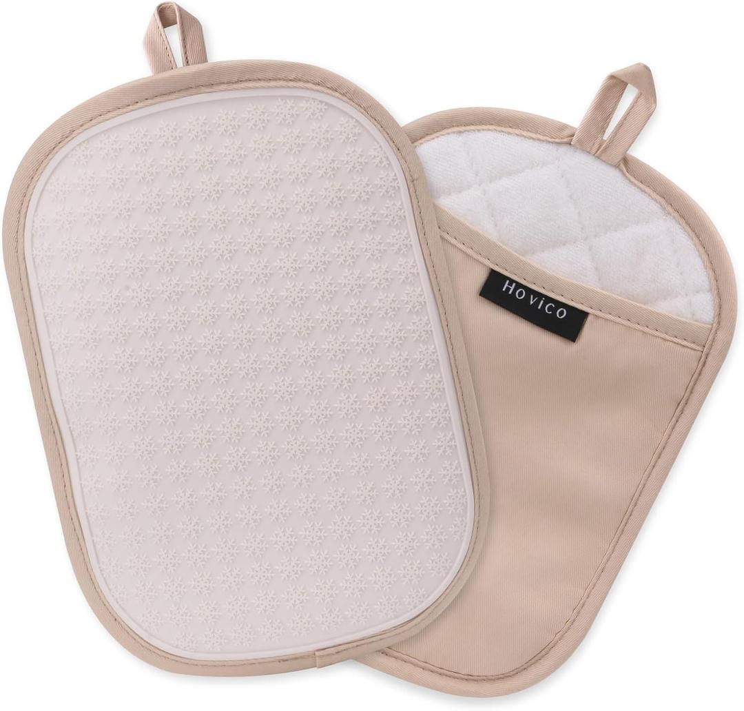 Hovico 2PCS Silicone Pot Holders, Oven Mitts Heat Resistant Hot Pads with Pockets, Non Slip Pot Holder for Kitchen Baking and Cooking| 9.8 x 7 Inches | Towel Cloth Interior Lining - Milkshake (Oval Milkshake)