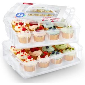 Plastic Cupcake Carrier 24 Count, 2-Layer Cupcake Holder Carries with Lid & Handles, Cookie, Cake, Cupcake and Brownie Storage Carrier, Reusable Cupcake Box