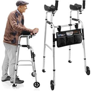 Stand Up Walker for Seniors & Elderly with 6" Bearing Wheels - Dual Mode Platform Walker, Height Adjustable Frame with Arm Support & Storage Bag, Foldable Lightweight Aluminum Upright Mobility Aid