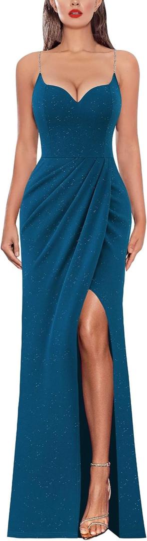 VFSHOW Womens Sexy Formal Ruched Fitted High Slit Bodycon Maxi Dress Spaghetti Strap Sweetheart Cocktail Prom Evening Gown (Large, Sparkly Peacock Blue)