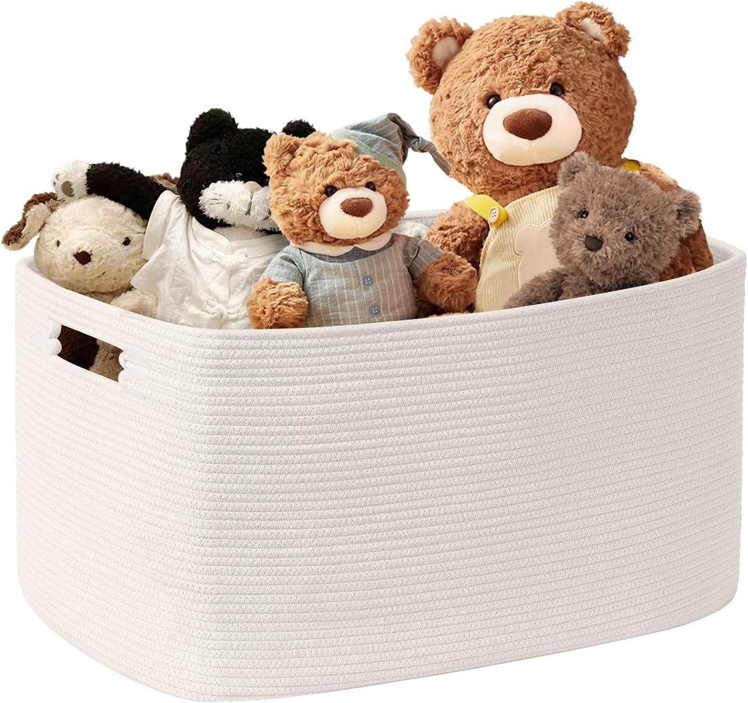 45L Small Baby Girls Laundry Basket for Nursery Storage,Cute Woven cotton Rope Baskets for Kids ToyGifts,Boho Square Wicker Blanket hamper for Living Room,Bedroom Dirty Clothes, White