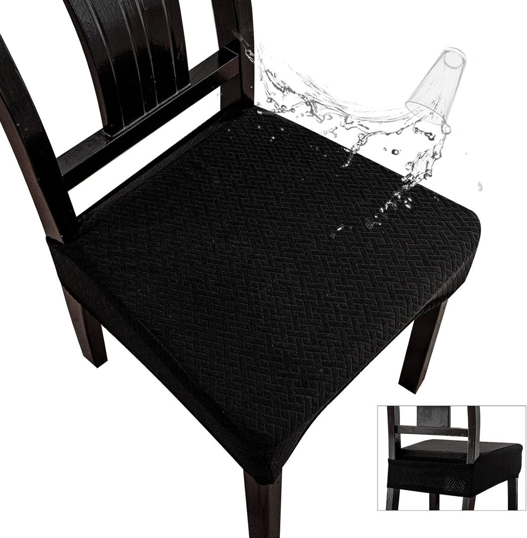 Genina Waterproof Seat Covers for Dining Room Chair Covers Set of 8, Stretch Jacquard Kitchen Parson Chair Slipcover Protector (8 PCS-Rear-covered, Black)